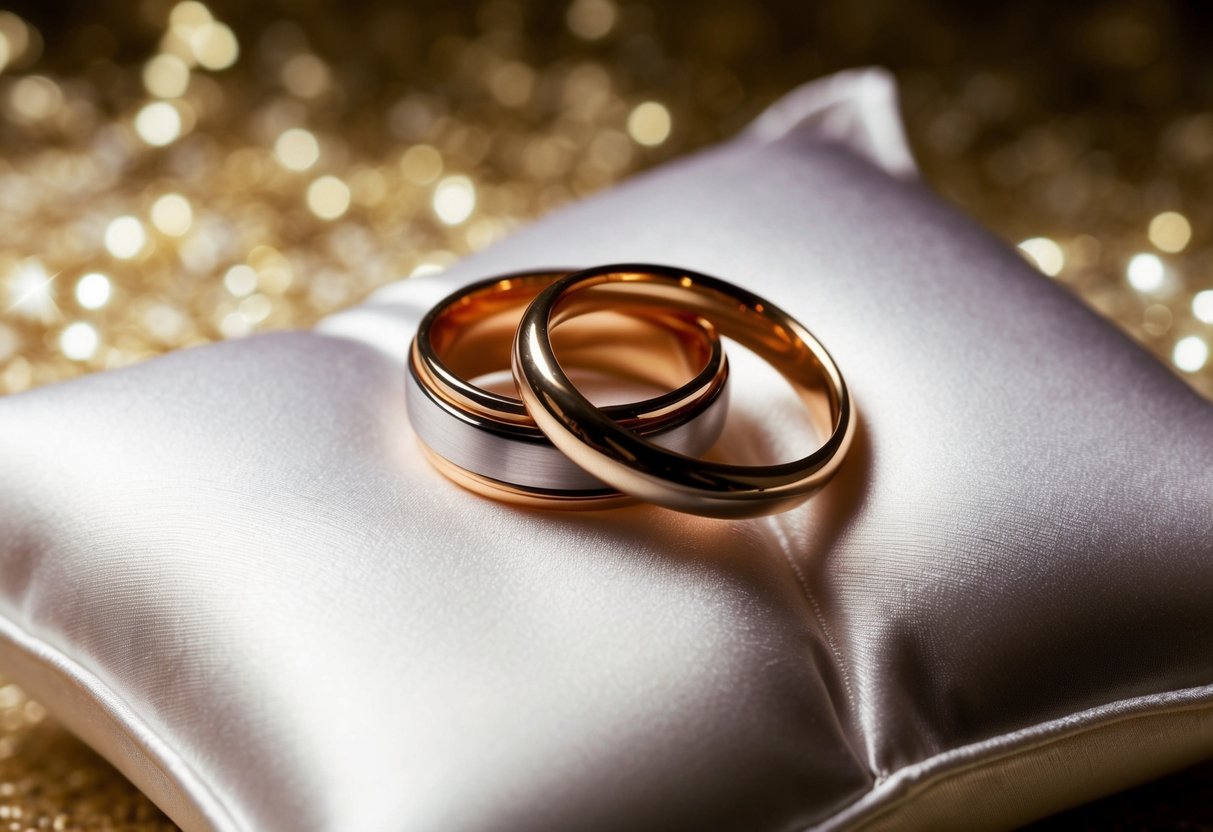 A pair of entwined rings on a satin pillow