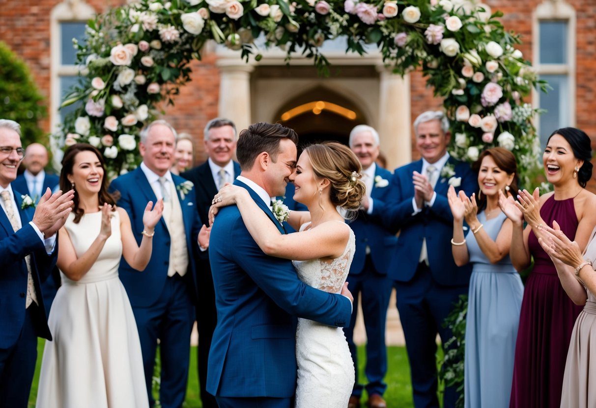 A newlywed couple embraces under a floral arch, surrounded by cheering friends and family