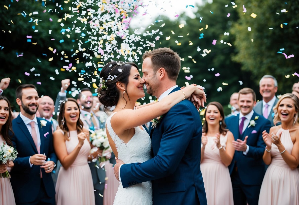 A couple embraces under a shower of confetti, surrounded by cheering friends and family