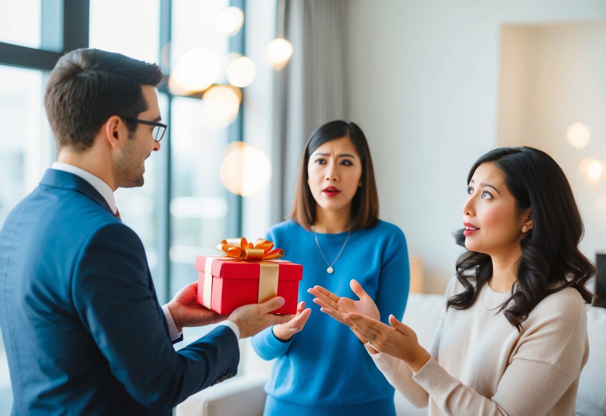 A person giving a gift not on a registry, while the recipient looks surprised or unsure