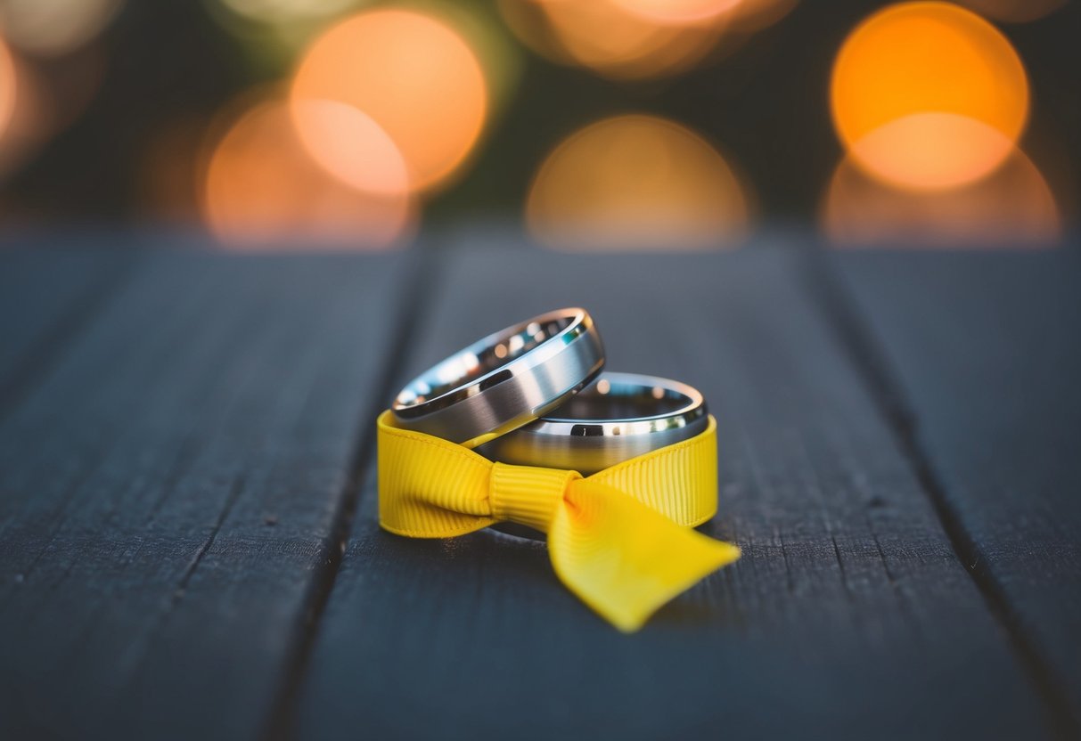 A pair of wedding rings tied together with a bright, cheerful ribbon