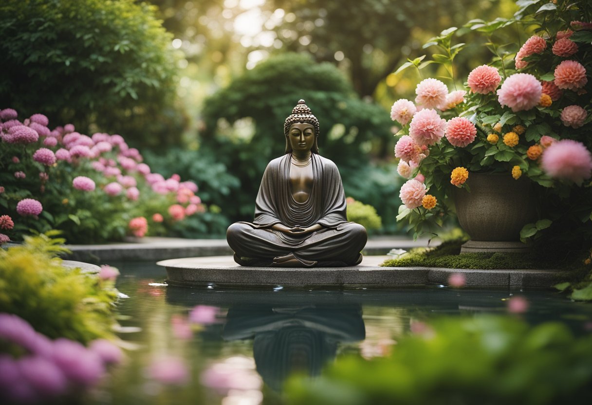 A serene figure meditates in a lush, tranquil garden, surrounded by vibrant flowers and flowing water. The atmosphere exudes peace and tranquility, symbolizing the connection between mental well-being and longevity