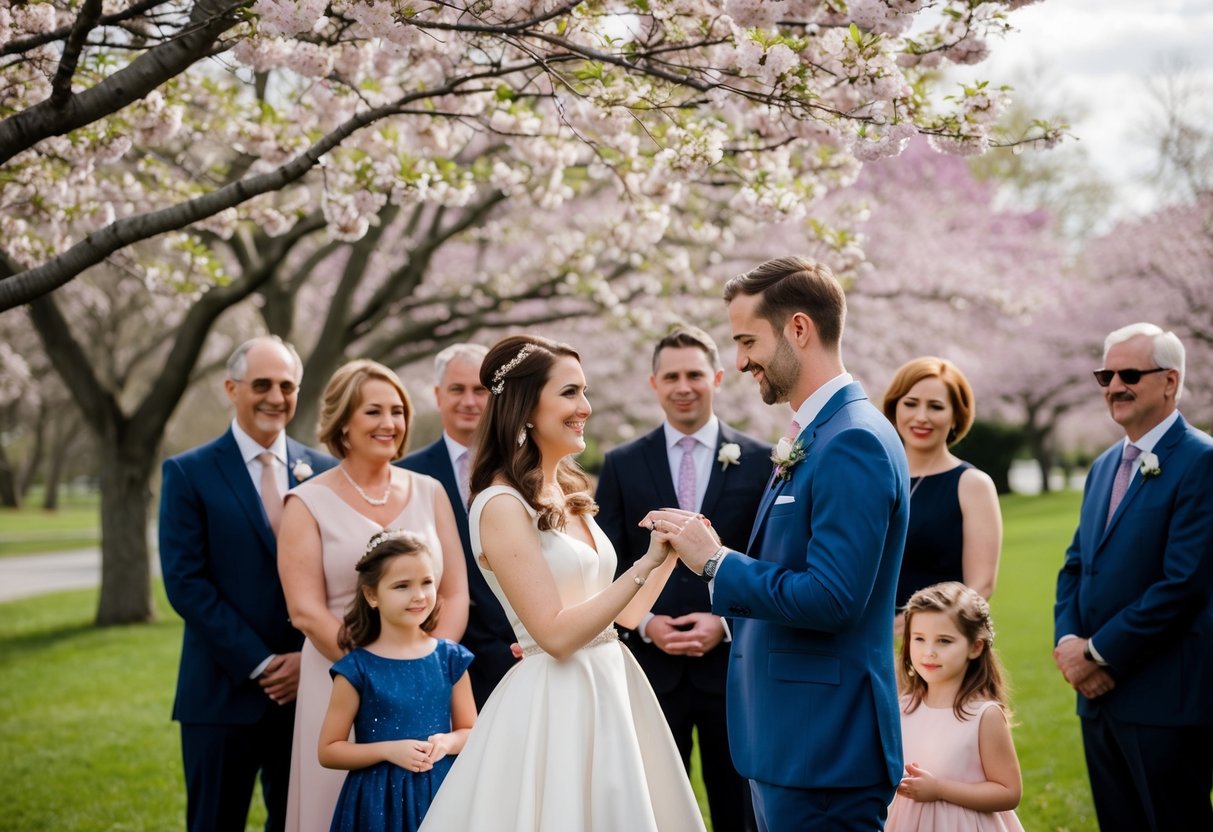 A couple standing beneath a blossoming tree, exchanging rings, surrounded by family and friends