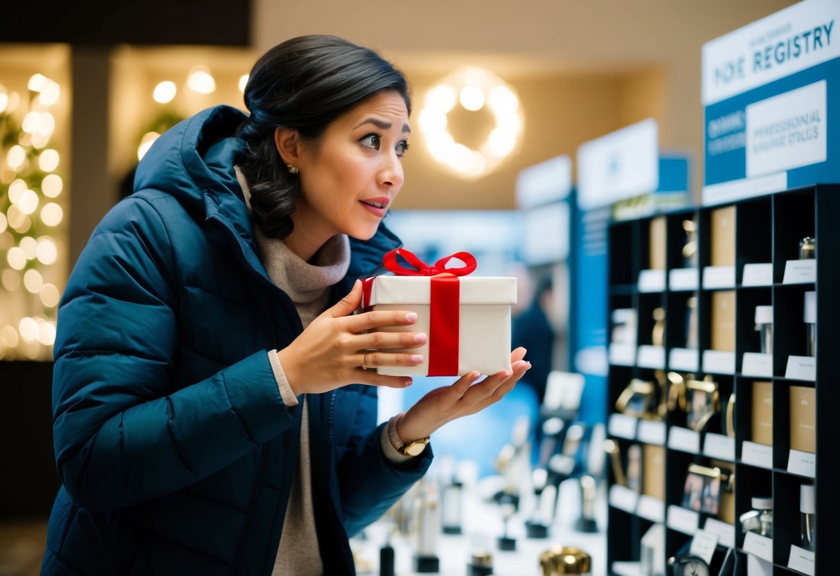 A person holding a gift not on the registry, with a confused expression, while looking at a display of items