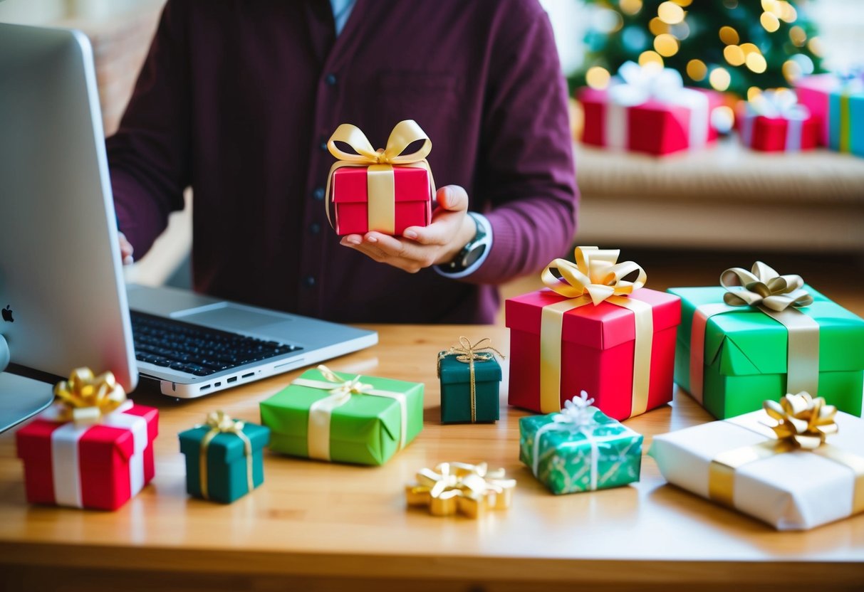 A table with various gift items, some wrapped, some not. A person looks at a registry on a computer while holding a gift