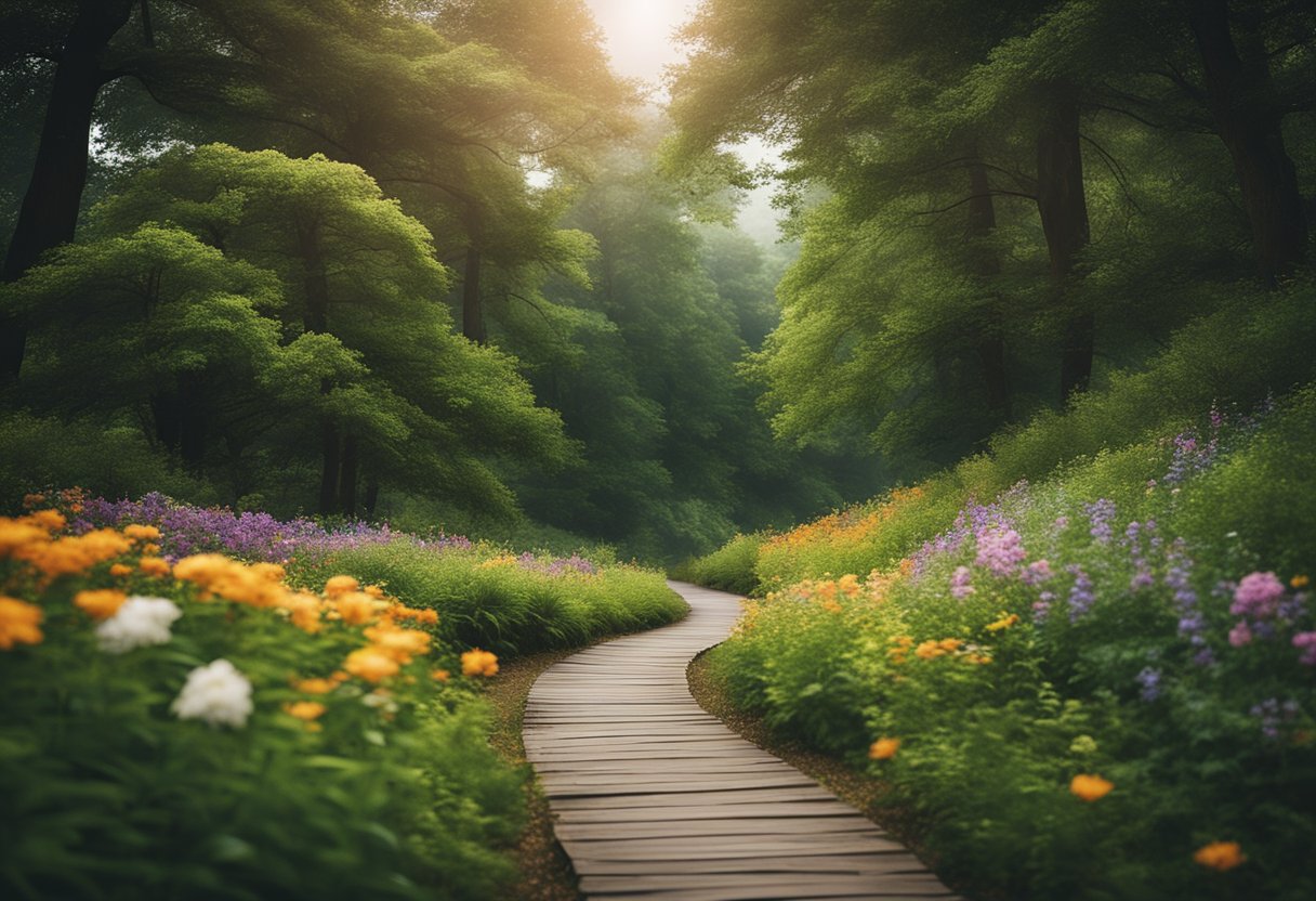 A tranquil forest with a winding path leading to a distant horizon, surrounded by colorful flowers and vibrant greenery