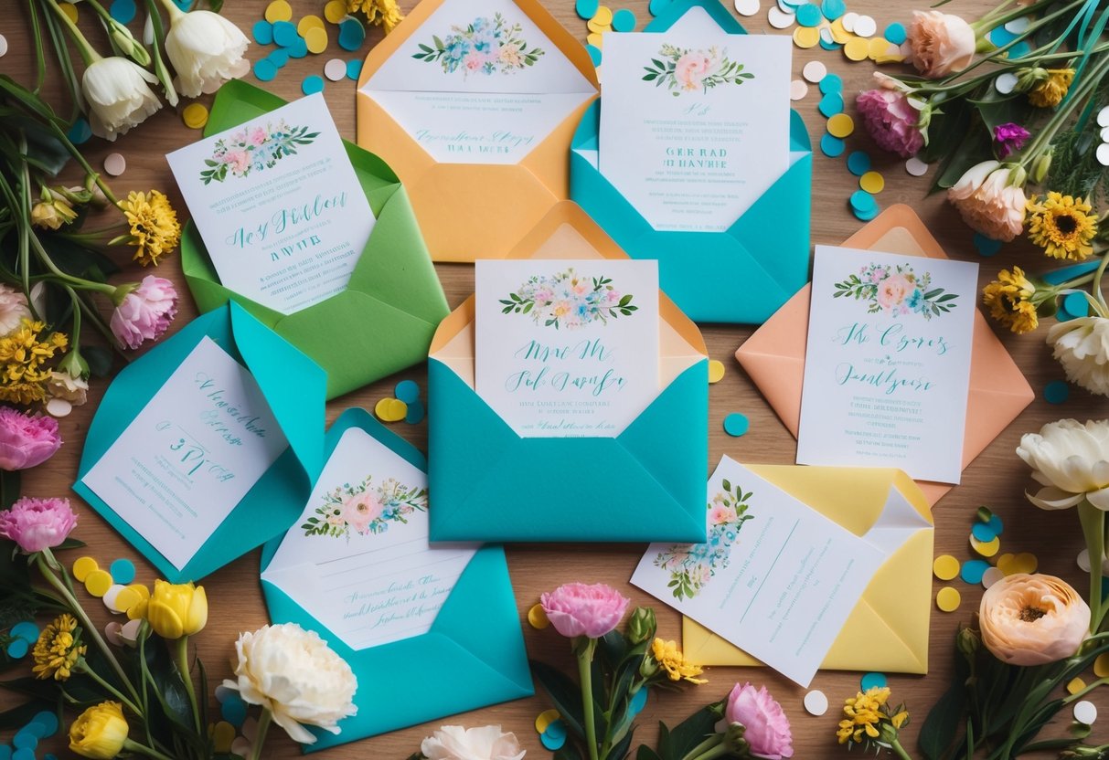A group of colorful, hand-written invitations spread out on a table, surrounded by flowers and confetti