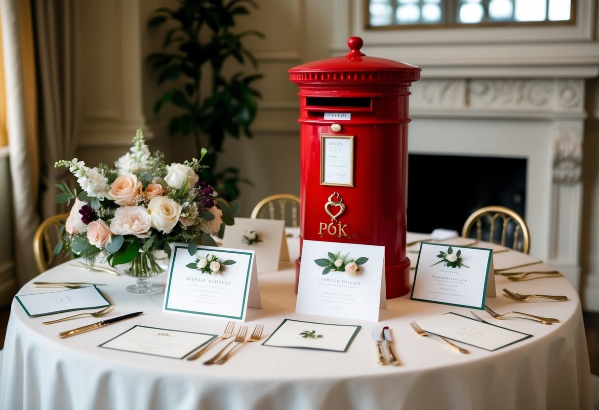 A table adorned with elegant stationery, a bouquet of flowers, and a vintage postbox for mailing wedding announcements