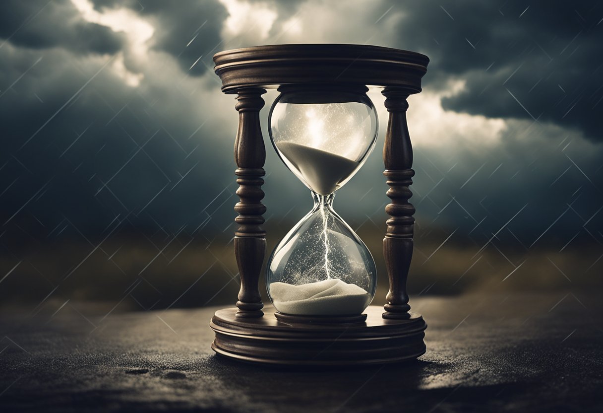 A tangled hourglass with a crack running through the glass, surrounded by storm clouds and lightning, representing the impact of anxiety disorders on life expectancy