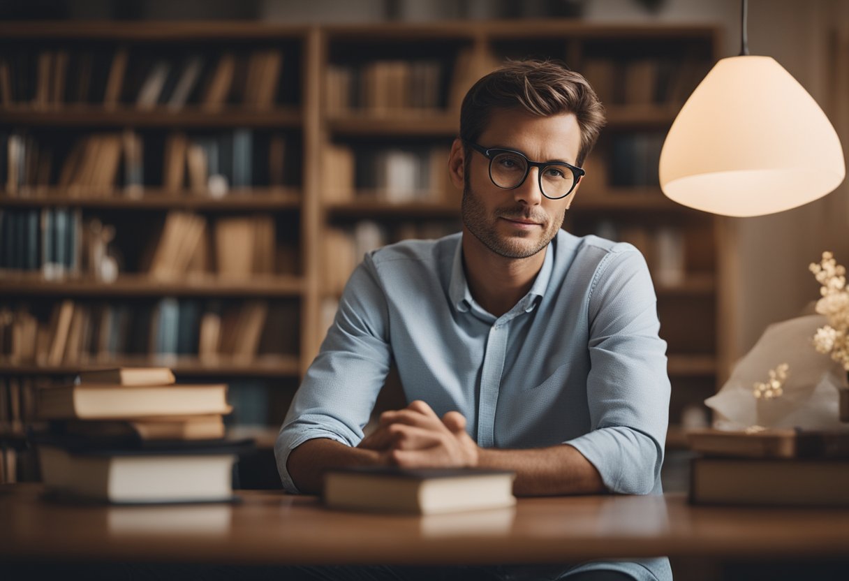 A serene figure sits in a cozy office, surrounded by books and calming decor. A warm, inviting atmosphere suggests a safe space for discussing mental health and longevity