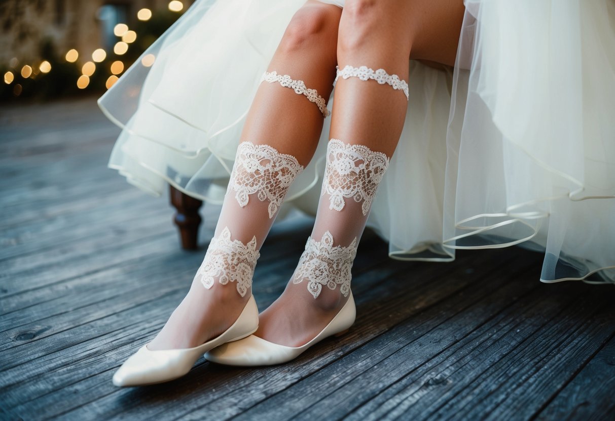 A bride's legs adorned with delicate lace garters and sheer stockings