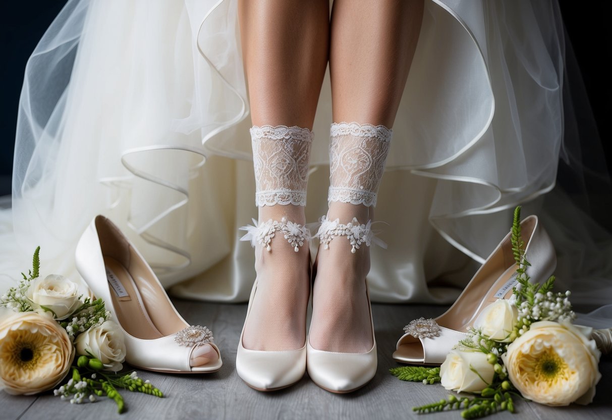 A bride's legs adorned with lace garters, sheer stockings, and delicate anklets, surrounded by bridal shoes and floral accents