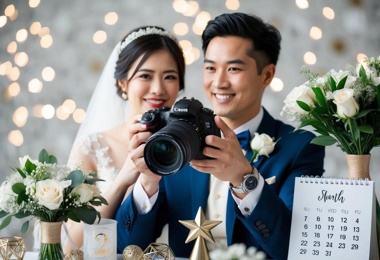 A wedding photographer holding a camera, surrounded by wedding props and a couple's portrait, with a calendar showing 3 months