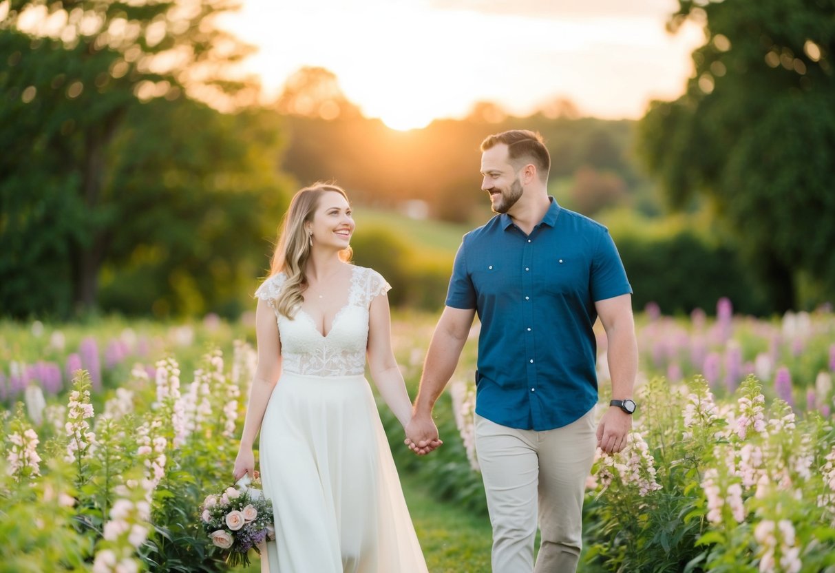A couple walks through a field of blooming flowers with a setting sun in the background, holding hands and smiling