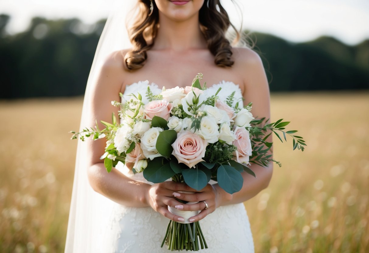 A bride holds a bouquet of flowers in her hands