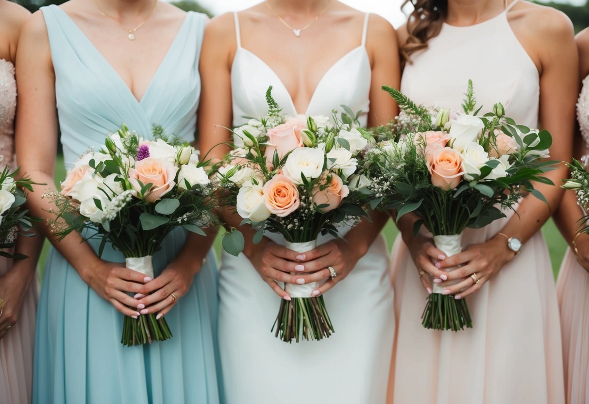 Brides hold bouquets of flowers in their hands