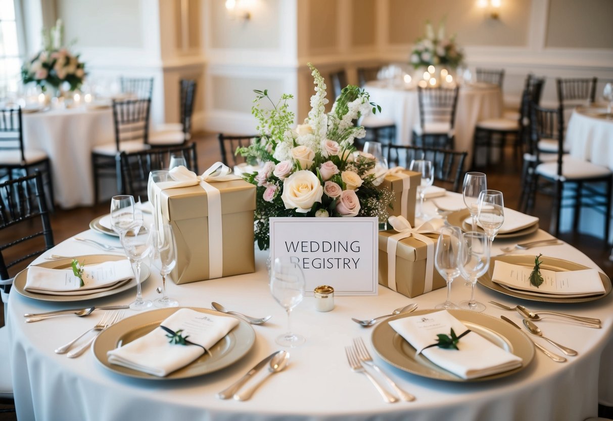 A table adorned with elegant place settings, floral centerpieces, and wrapped gifts, with a sign indicating a wedding registry
