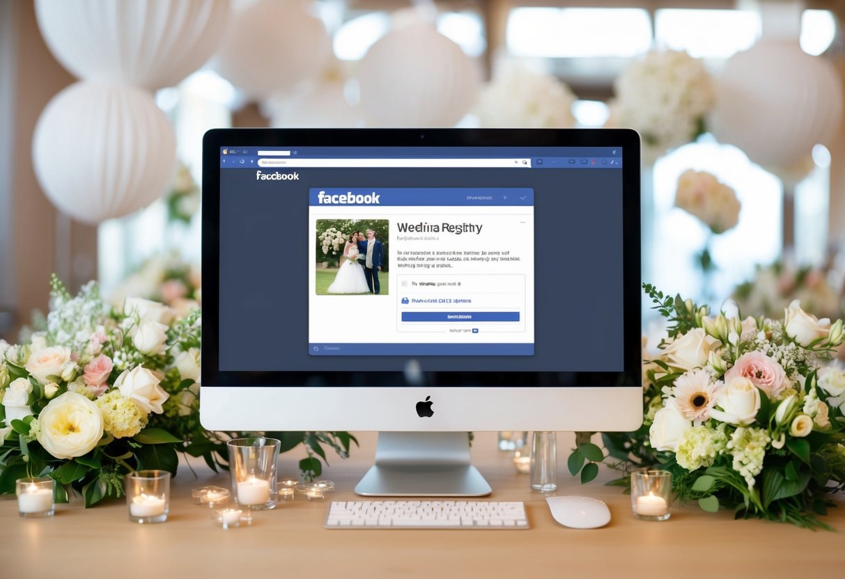 A computer screen with a Facebook post showing a wedding registry, surrounded by flowers and wedding decor