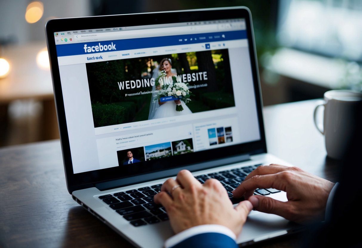 A laptop open to a wedding website, with a Facebook page in the background. A hand hovers over the keyboard, ready to type