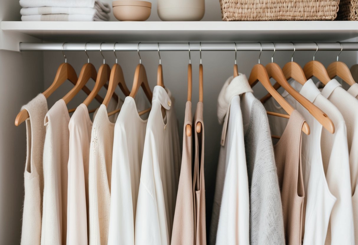 A serene, minimalist closet with soft neutral color palette clothing neatly organized on wooden hangers. A few carefully chosen accessories add a touch of elegance to the scene