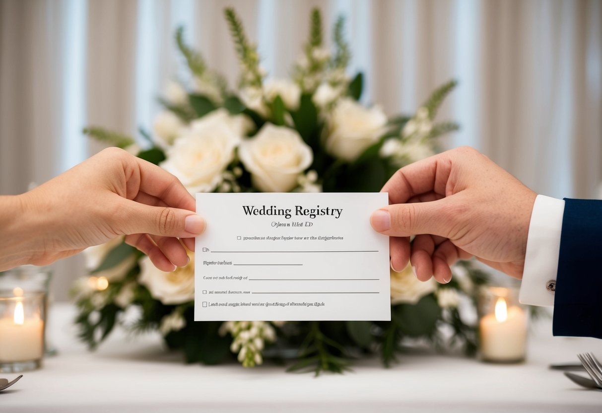 A couple's hands holding a wedding registry card with a background of elegant wedding decorations and flowers