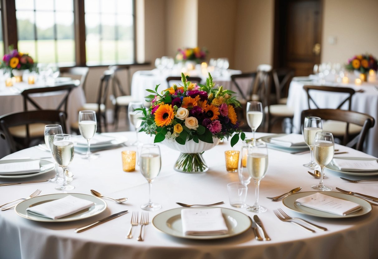 A table set with a white tablecloth and elegant place settings, adorned with a bouquet of colorful flowers in the center