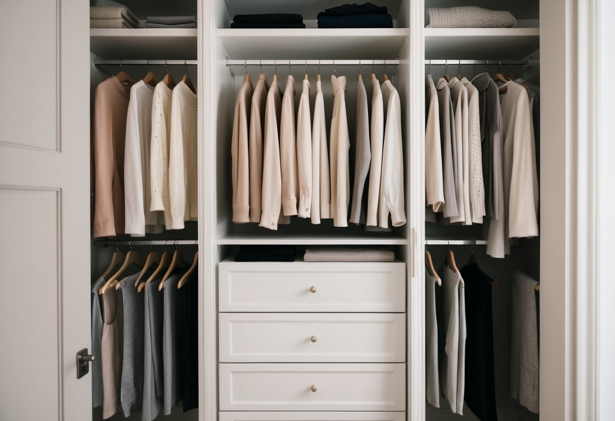 A neatly organized closet with a selection of soft neutral-colored clothing, neatly folded or hung, creating an elegant and timeless wardrobe