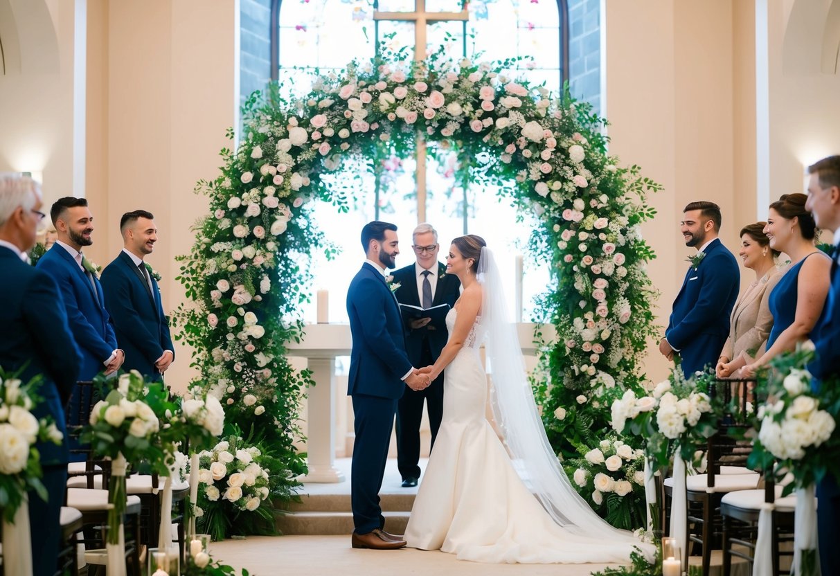 A bride and groom stand at the altar, surrounded by a lush floral arch and elegant bouquets, symbolizing love and beauty in modern wedding traditions