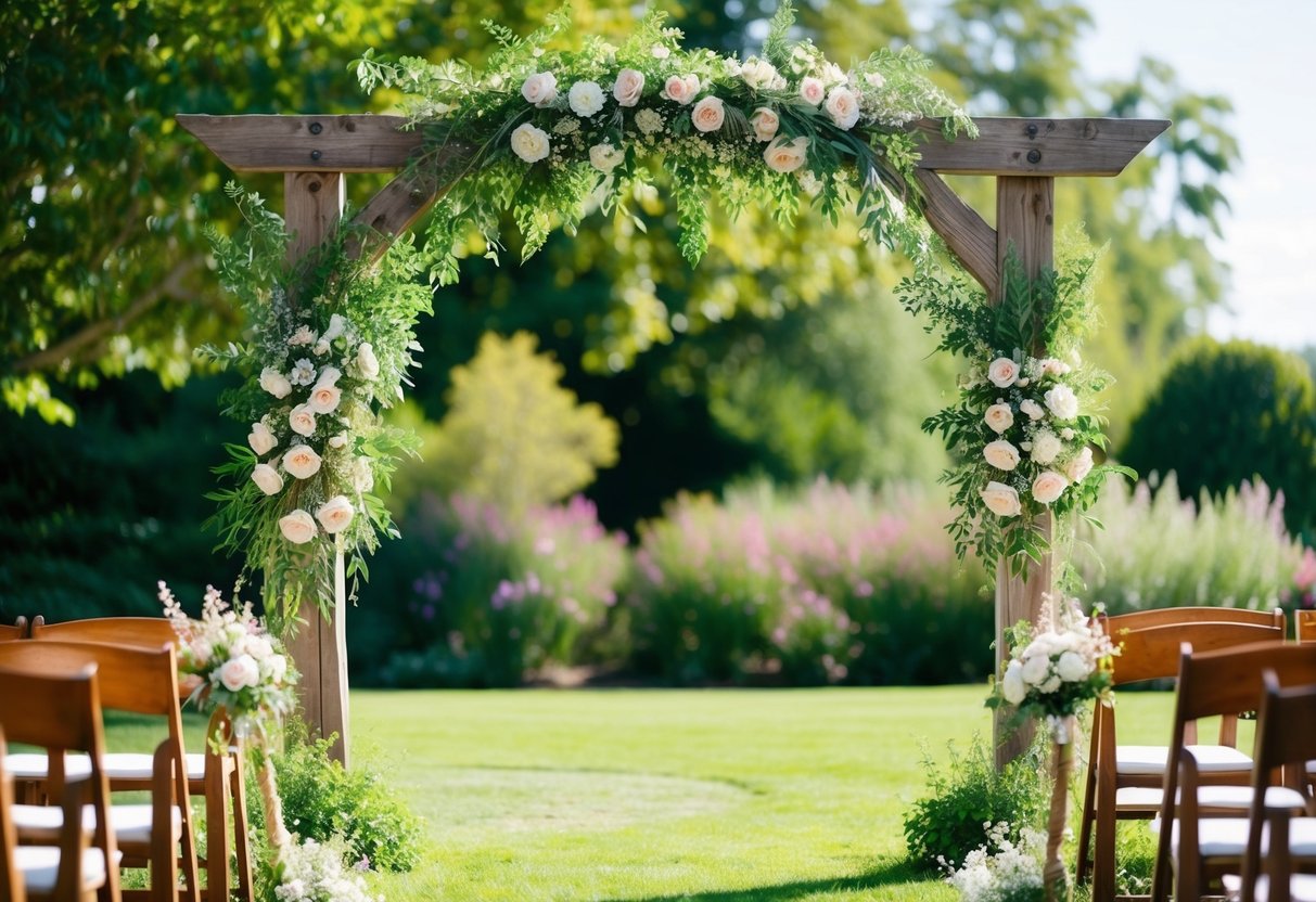 A rustic wooden wedding arch adorned with delicate flowers and greenery stands in a sun-dappled garden, creating a romantic and enchanting backdrop for the ceremony