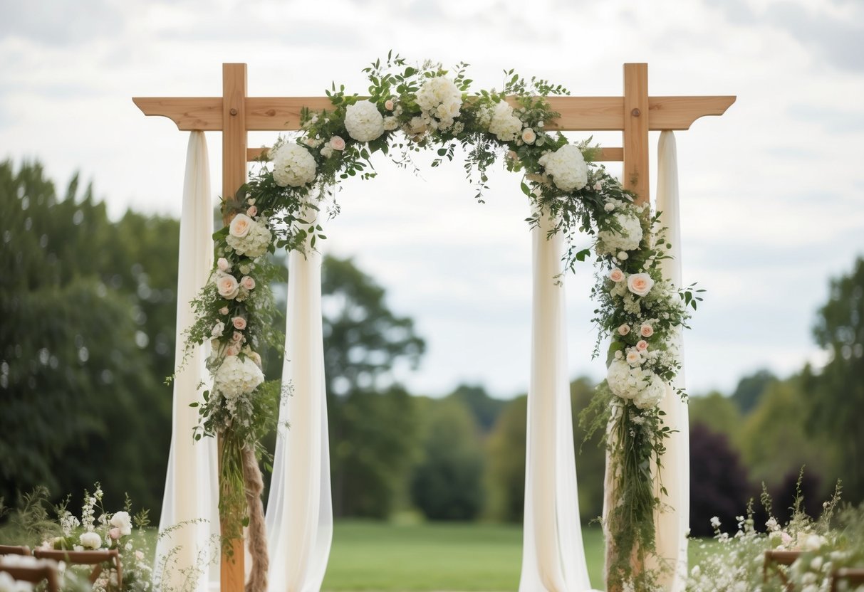 A beautiful wedding arch made of natural wood and adorned with delicate flowers and flowing fabric