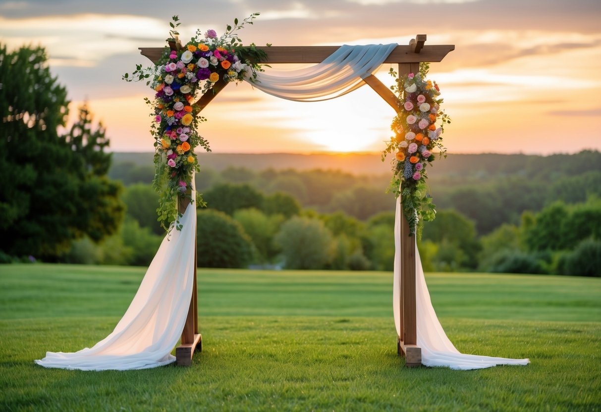 A wooden wedding arch adorned with flowing fabric and vibrant flowers stands against a backdrop of lush greenery and a picturesque sunset