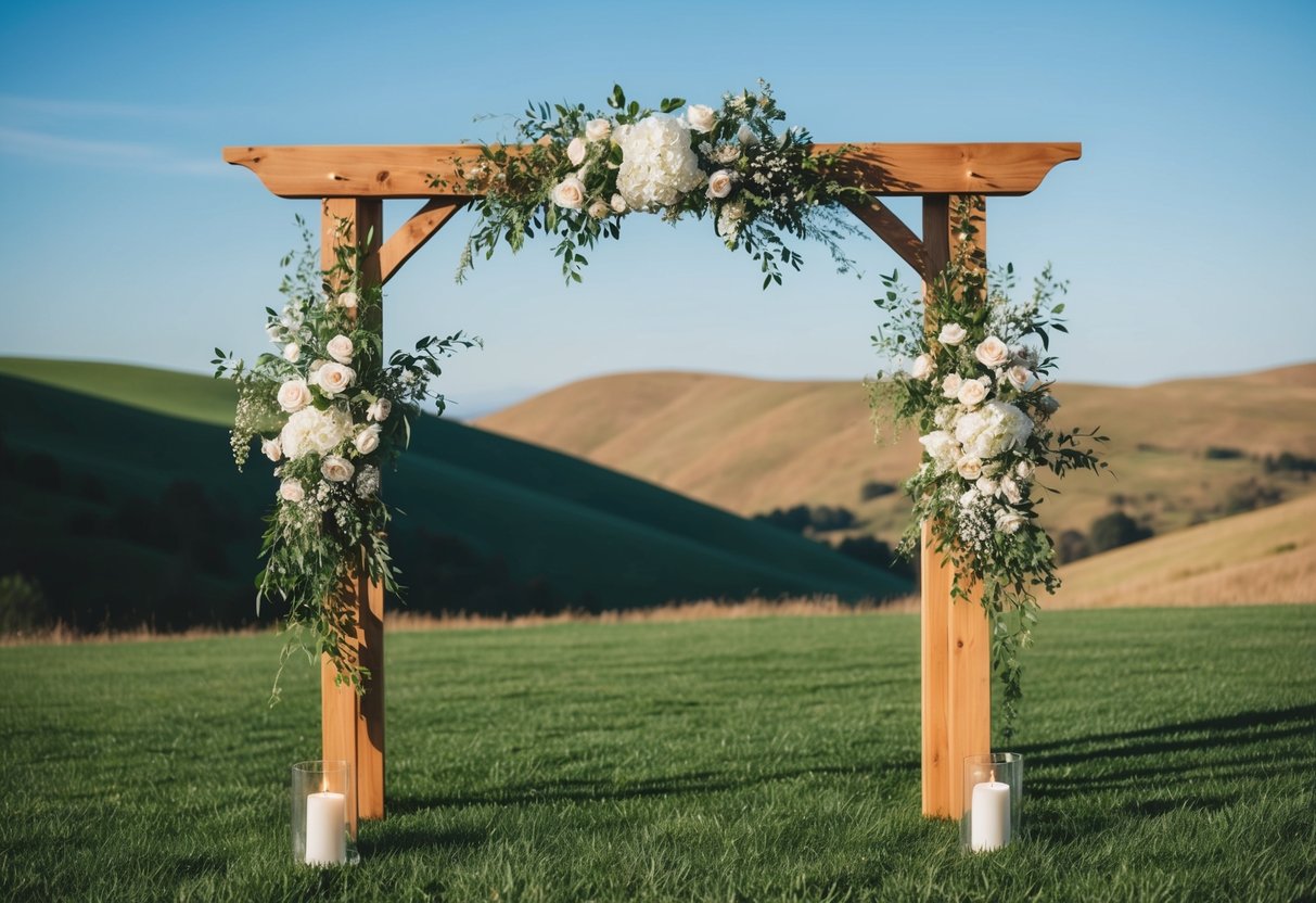 A wooden wedding arch adorned with fresh flowers and greenery, set against a backdrop of rolling hills and a clear blue sky