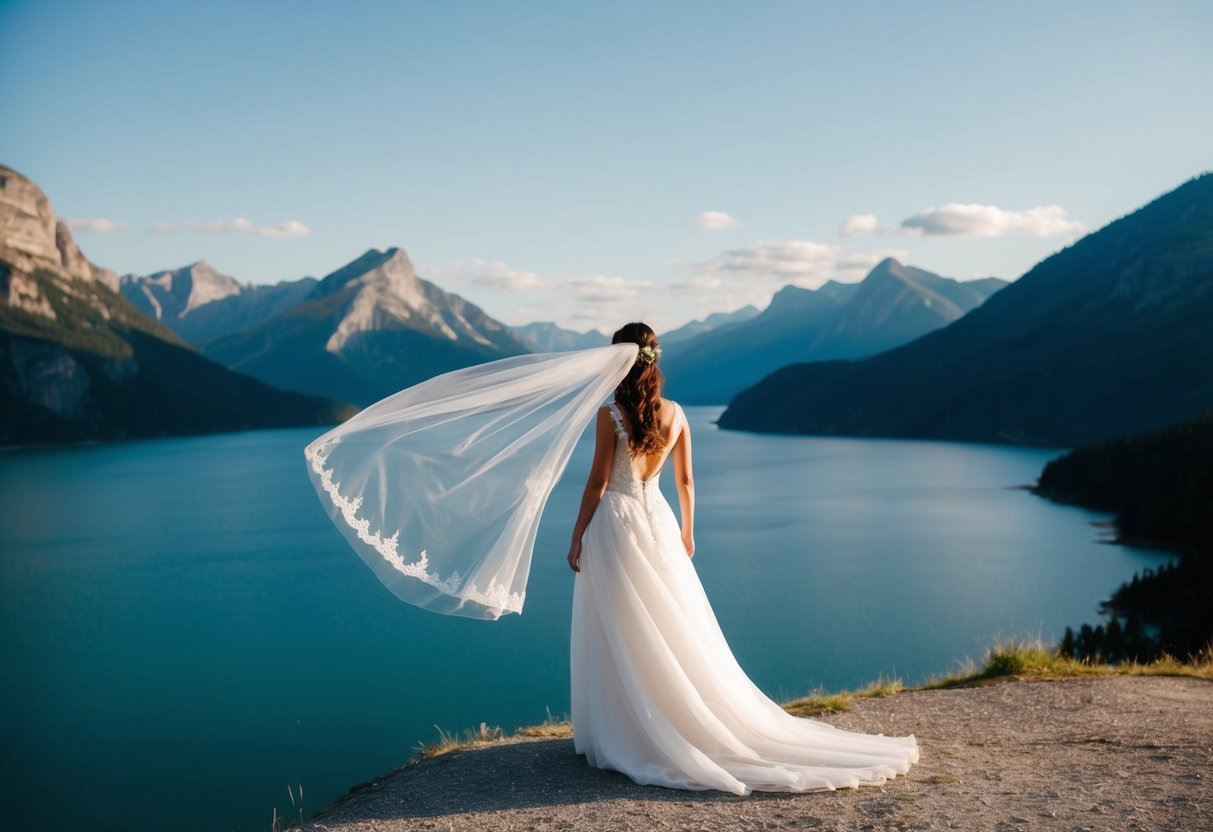 A bride's veil billows in the wind as she stands on a cliff overlooking a serene lake and majestic mountains