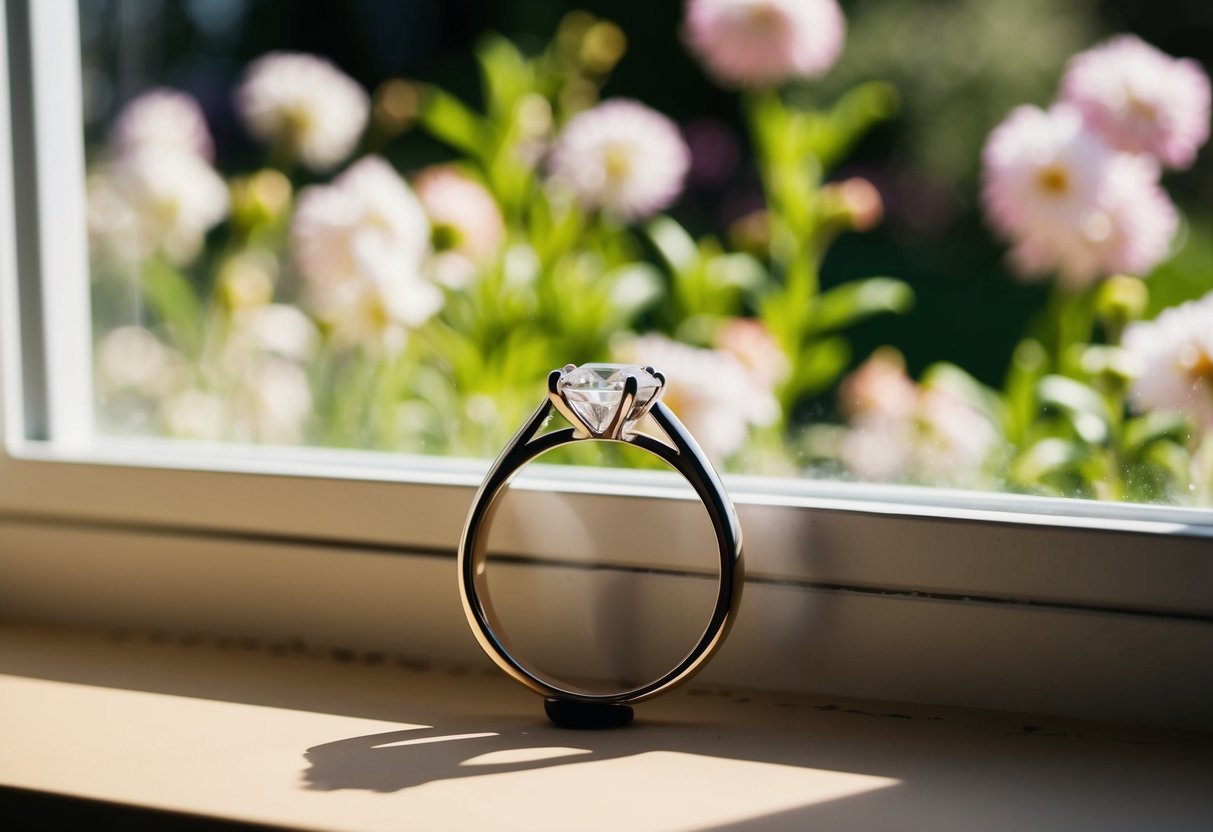 A wedding ring placed on a sunlit windowsill, casting a soft shadow against the backdrop of a blooming garden