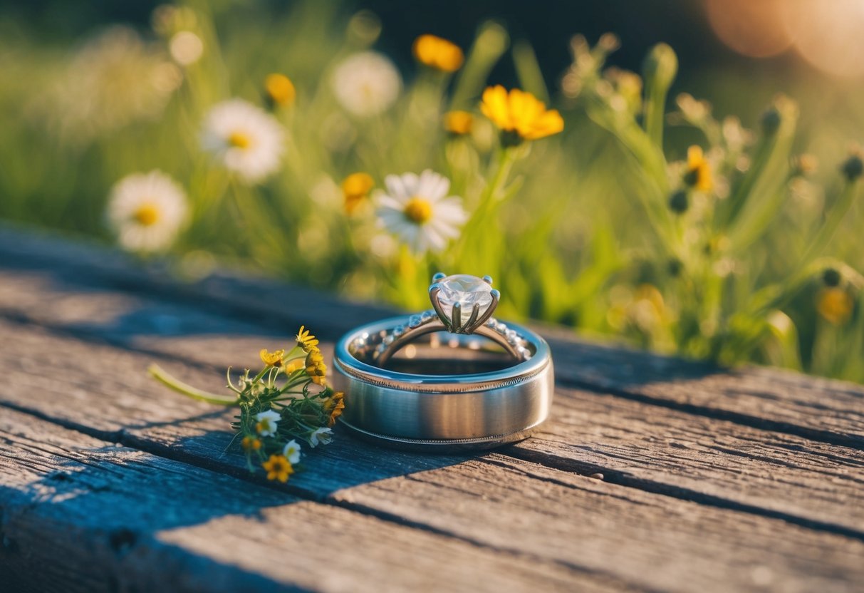 A wedding ring resting on a weathered wooden surface, surrounded by delicate wildflowers and bathed in warm sunlight