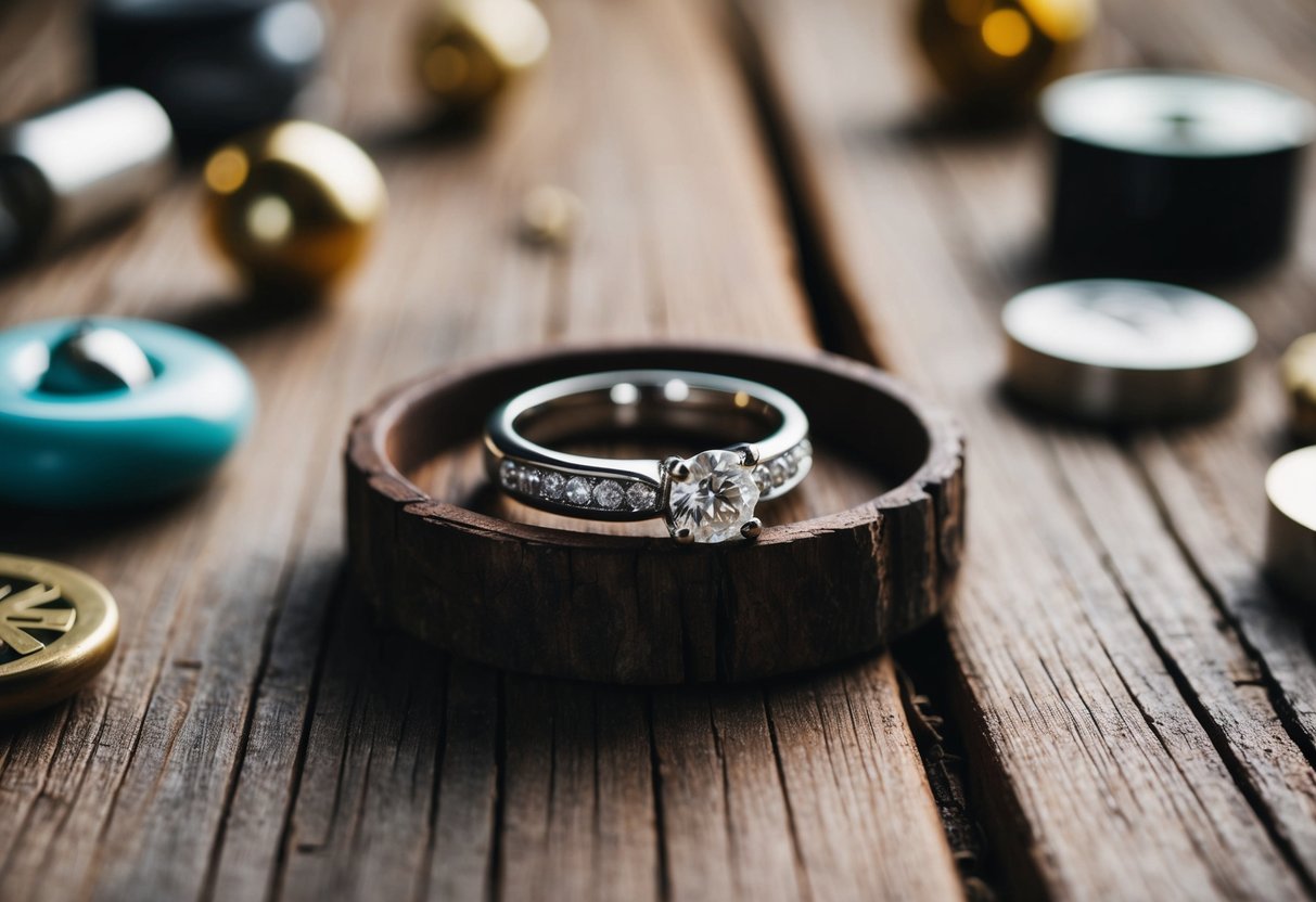 A wedding ring resting on a rustic wooden surface, surrounded by various objects symbolizing different life choices and paths