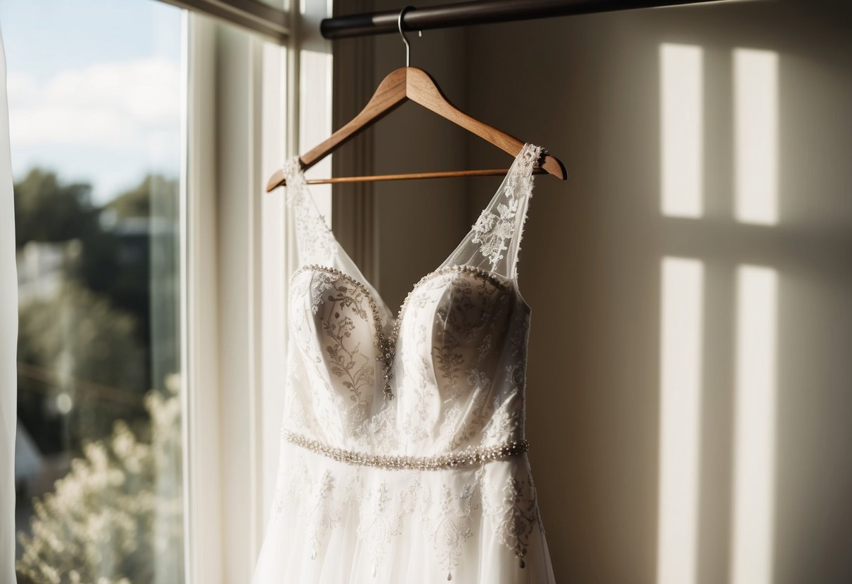 A wedding dress hanging gracefully on a vintage wooden hanger, adorned with delicate lace and intricate beading, catching the soft glow of sunlight filtering through a window