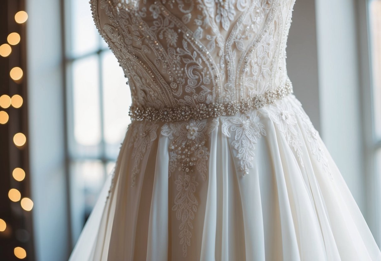 A wedding dress with delicate lace, ornate beading, and flowing layers of chiffon exudes sophistication