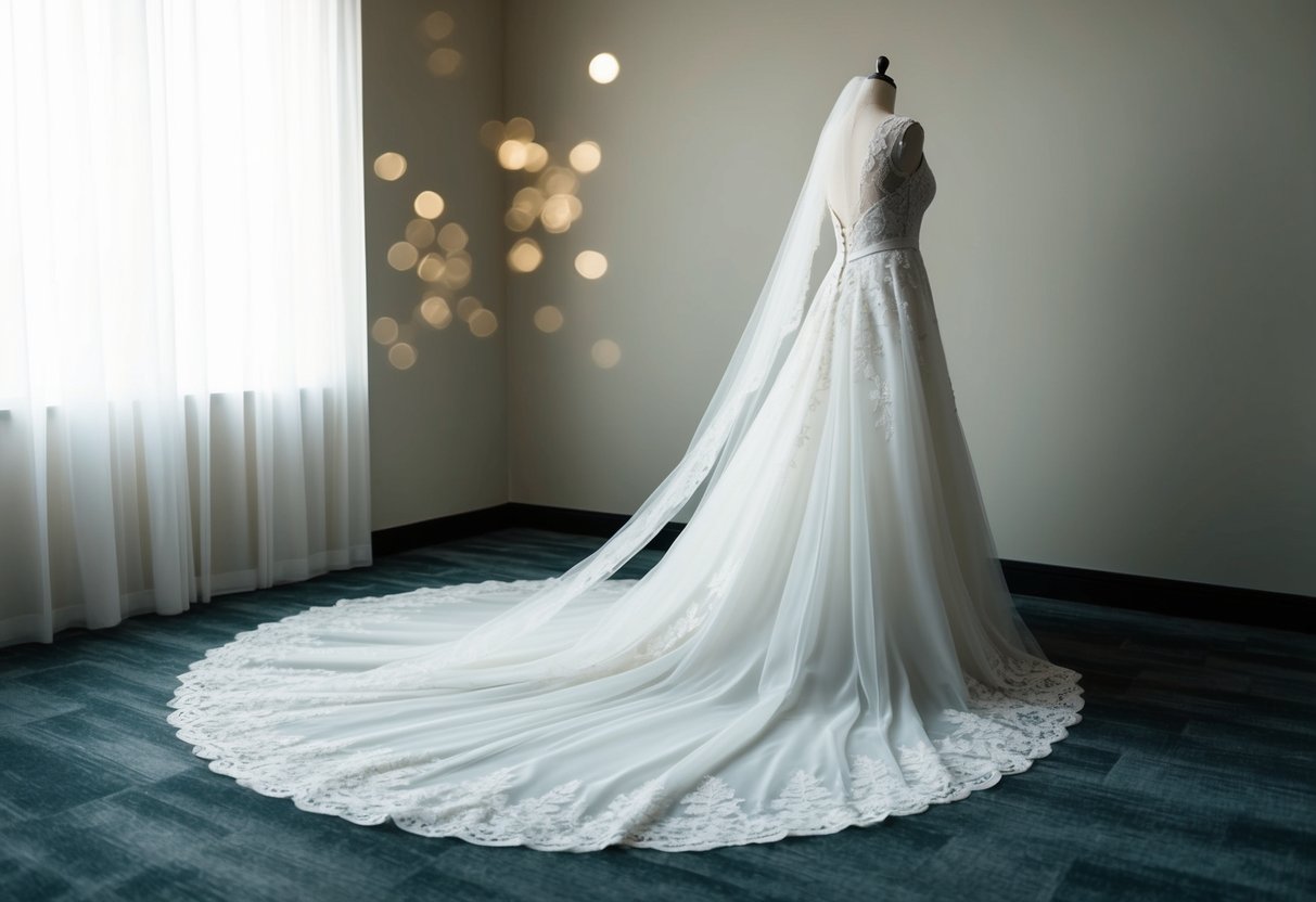 A flowing, floor-length gown with intricate lace detailing, a long train, and a delicate veil catching the light