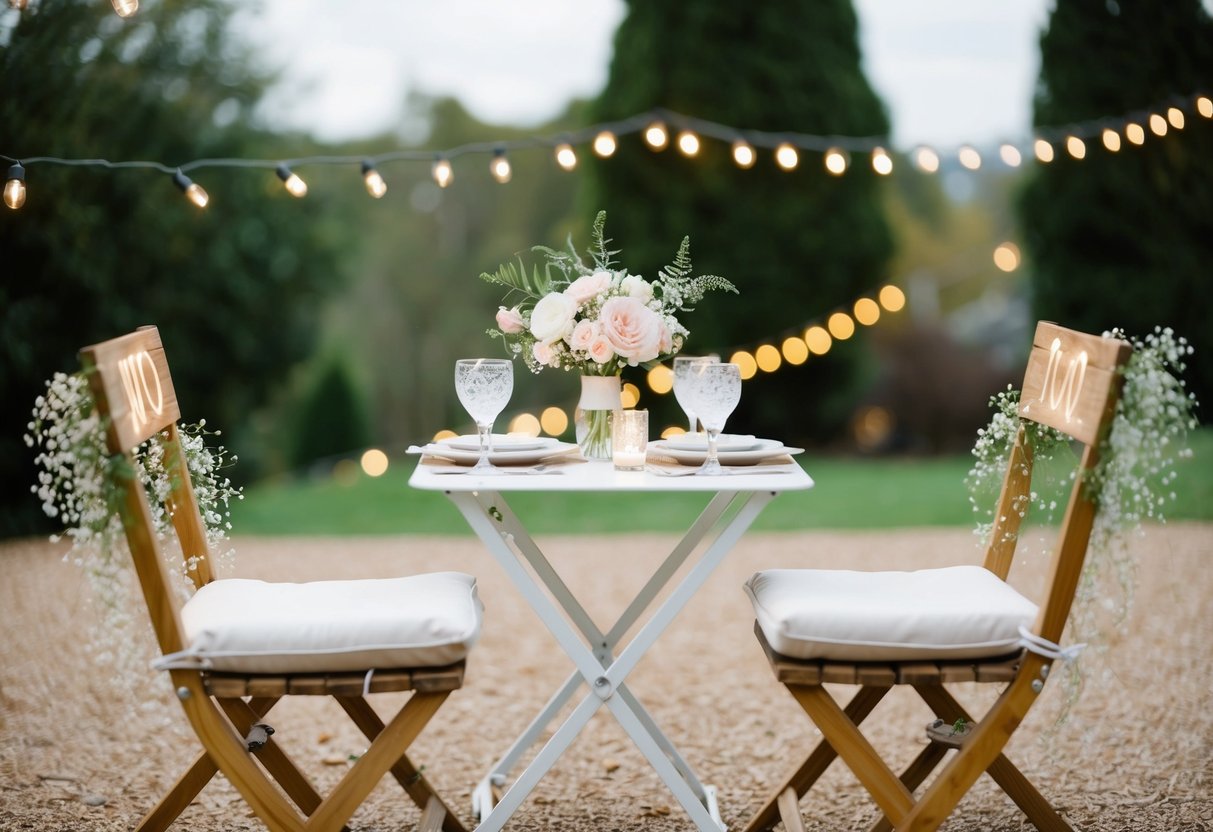 A charming outdoor setting with a small, elegantly decorated table for two, adorned with delicate flowers and twinkling fairy lights