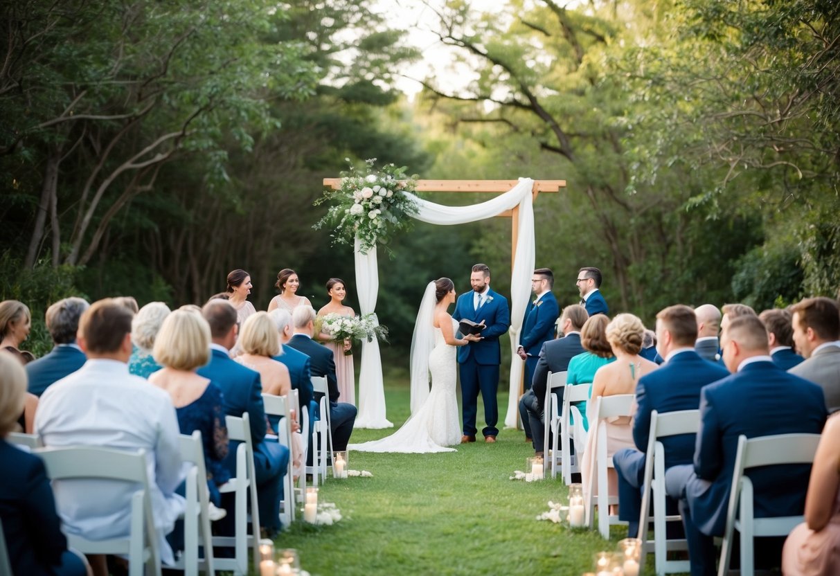 A small outdoor wedding ceremony with a few guests seated at spaced-out tables, surrounded by nature and soft lighting