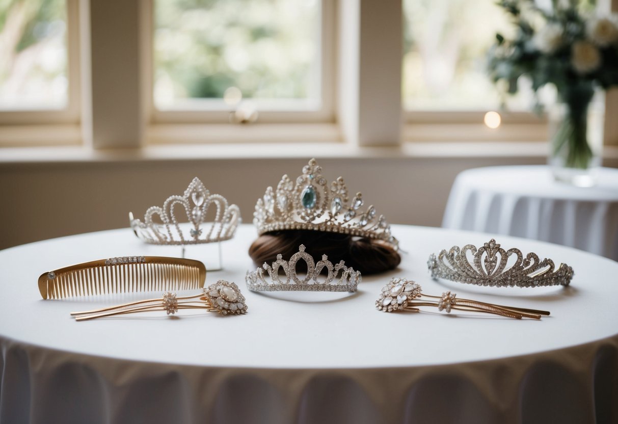 A table with elegant hair accessories for a wedding, including tiaras, hair combs, and decorative hairpins