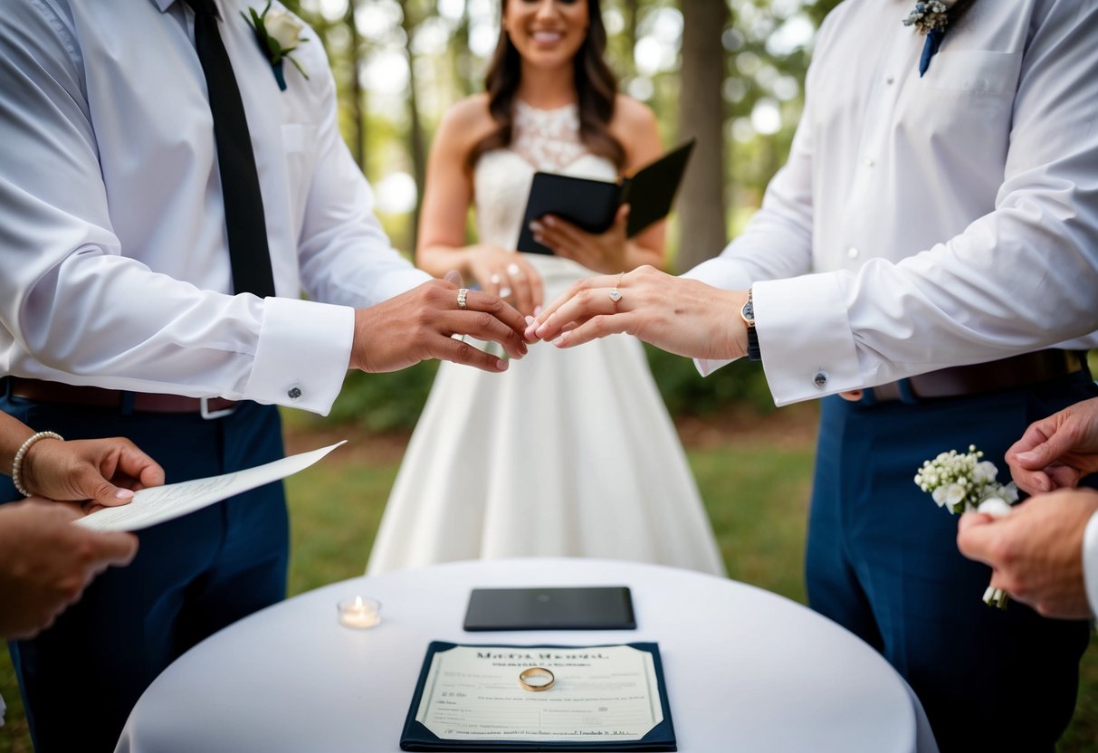 A bride and groom exchanging rings in front of an officiant, with witnesses present and a marriage license on a table