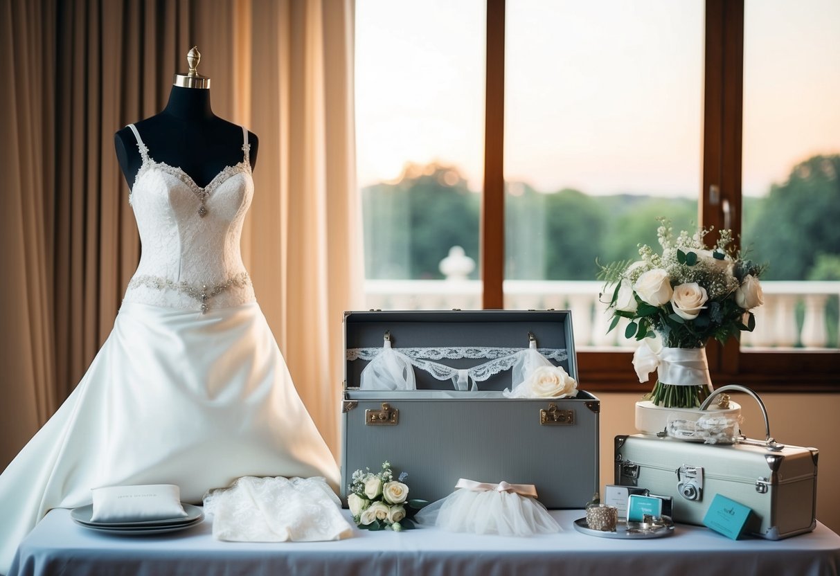 A trousseau displayed on a table, including a bridal gown, lingerie, and other wedding essentials