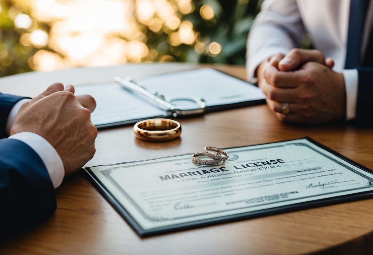 A table with a marriage license, rings, and official documents