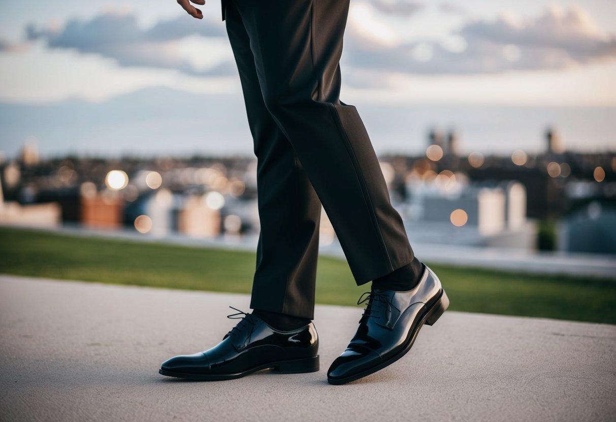 A groom wearing a classic black tuxedo with a white dress shirt, black bowtie, and polished black dress shoes