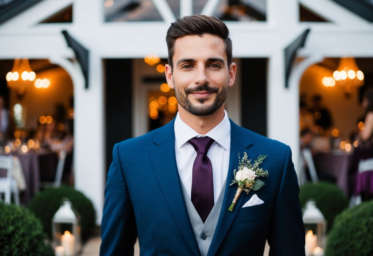 A groom wearing a tailored suit, standing in front of the wedding venue, with the theme reflected in the decor and surroundings
