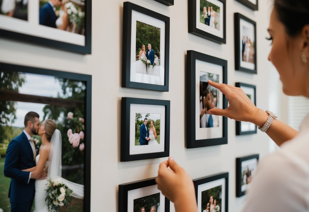 A hand selecting frames and arranging wedding photos on a wall