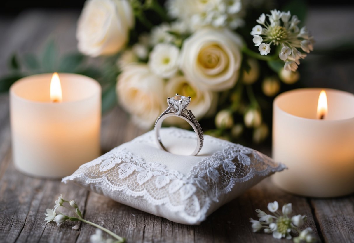 A wedding ring placed on a lace pillow, surrounded by delicate flowers and soft candlelight
