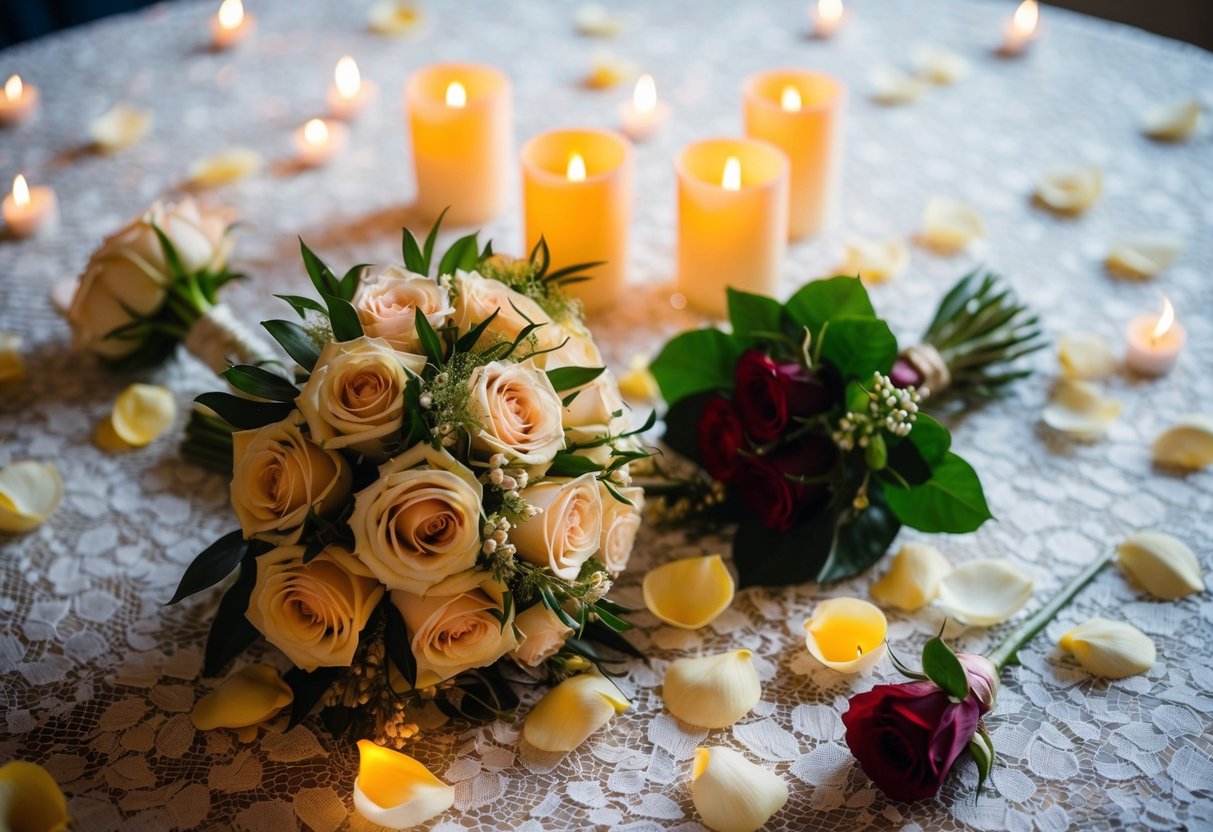 A bride's bouquet and groom's boutonniere laid out on a lace tablecloth, surrounded by scattered rose petals and flickering candles
